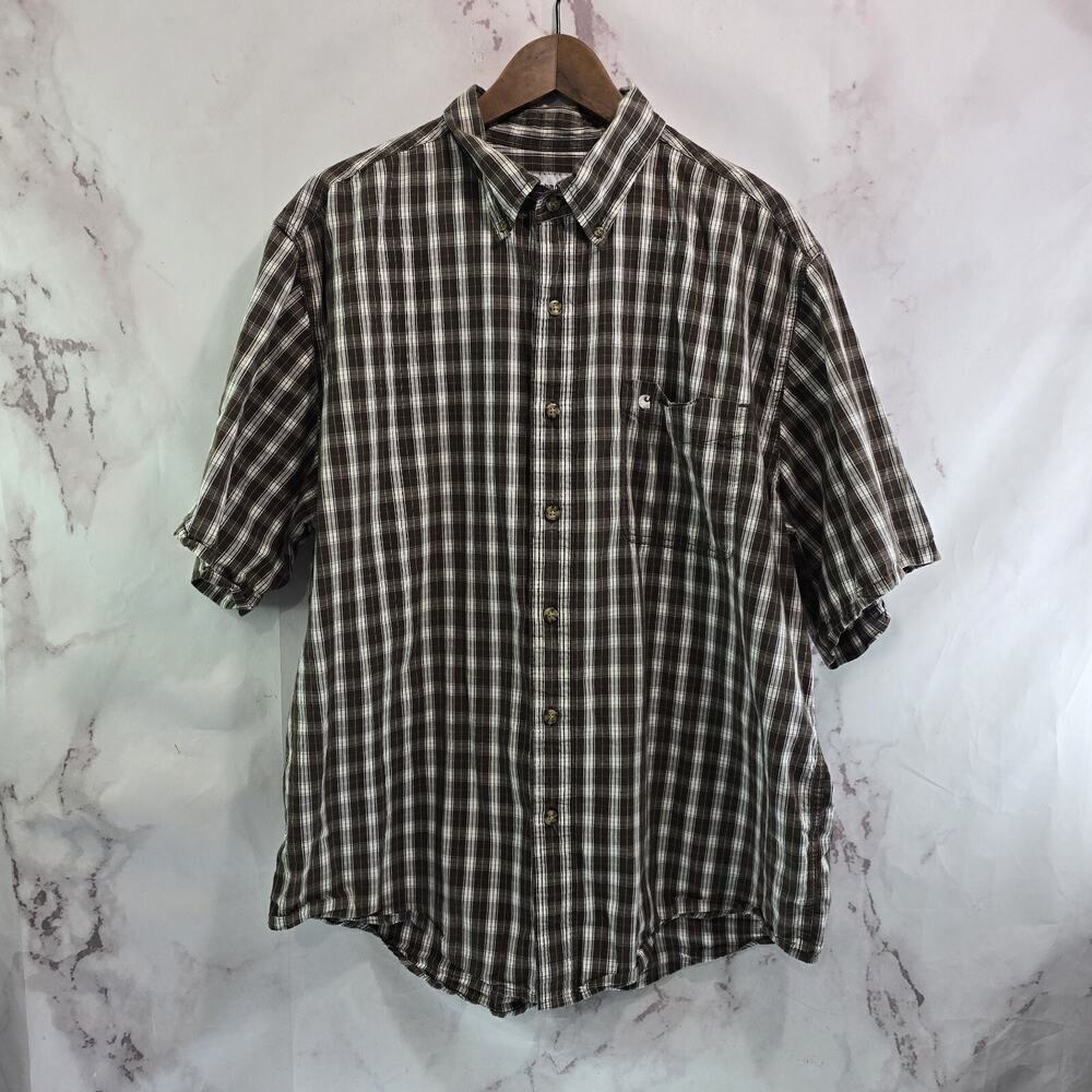 Carhartt Shirt Mens XL Brown White Short Sleeve Button Up Plaid Collared Cotton